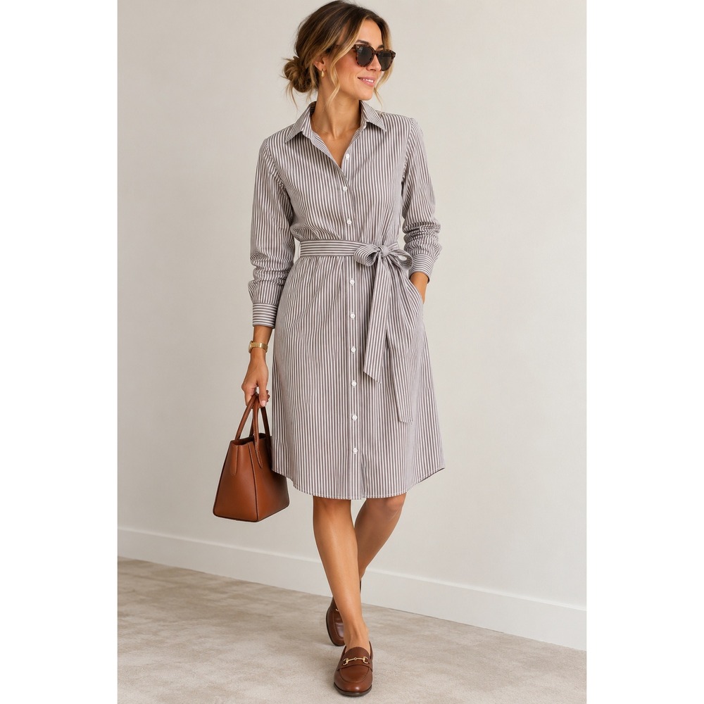 J.Crew Preppy Office Tan White Striped Long Sleeve Midi Shirt Dress Size 20